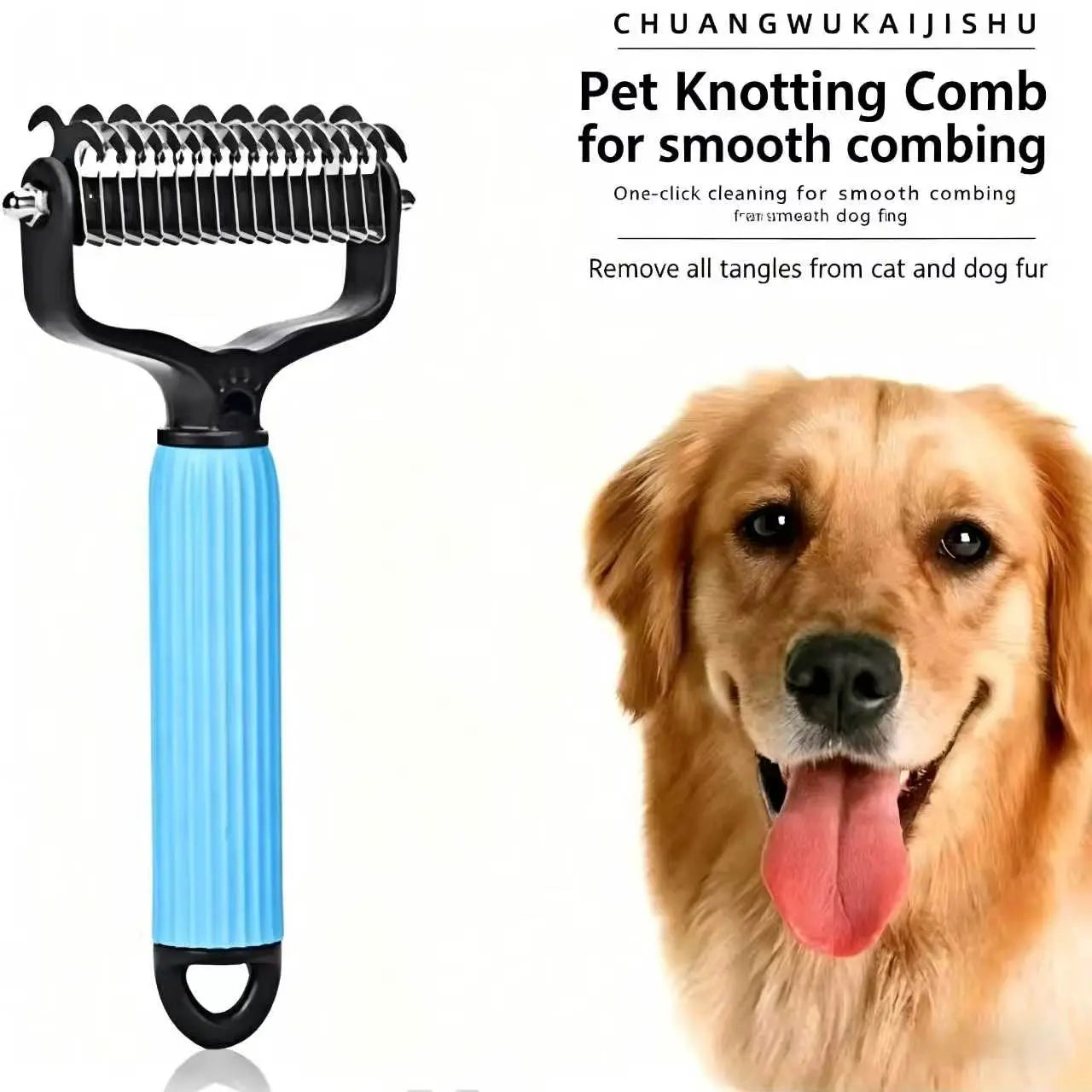 Pet Detangling Comb, Double-Sided Grooming Brush for Dogs & Cats, One-Click Clean Undercoat Rake for Shedding Mats