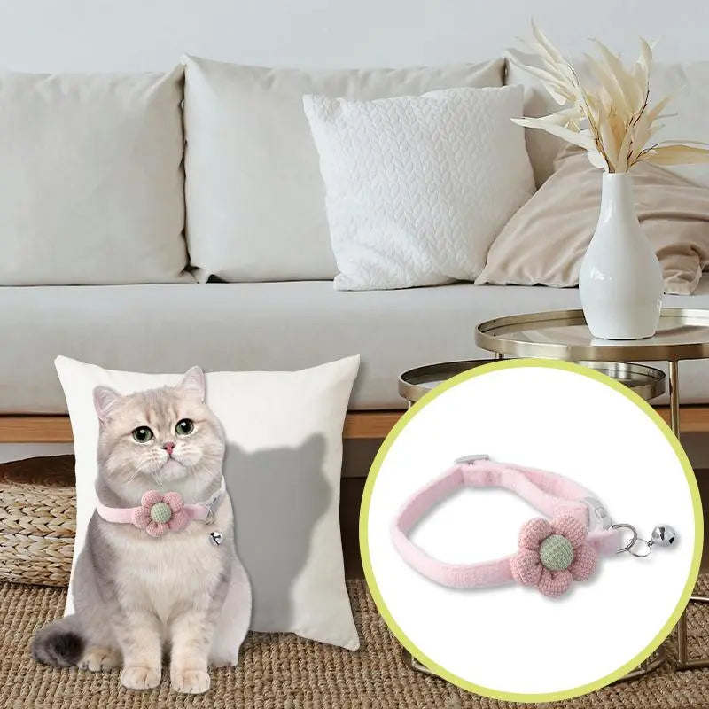 Cute Flower Design Knit Embroidery Pet Collar, Trendy Pet Collar with Bell Feature for Dogs & Cat, Adorable Fashionable Dog & Cat Collar for Pet Decoration