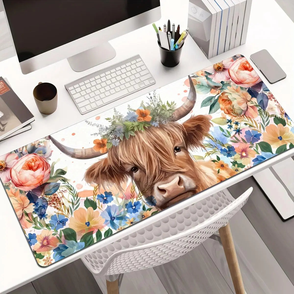 Cow & Floral Pattern Extended Mouse Pad, Extended Mousepad, Durable & Washable Mouse Pad, Large Gaming Mouse Mat with Non-Slip Rubber Base for Gamers, Office, Study, Desk Accessories