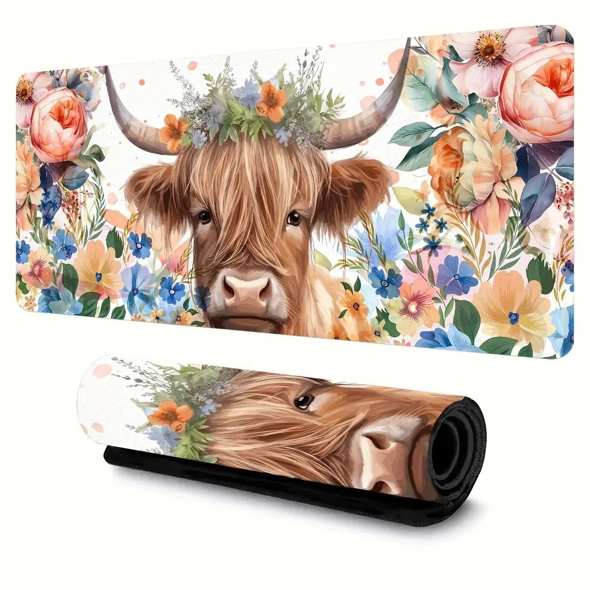 Cow & Floral Pattern Extended Mouse Pad, Extended Mousepad, Durable & Washable Mouse Pad, Large Gaming Mouse Mat with Non-Slip Rubber Base for Gamers, Office, Study, Desk Accessories